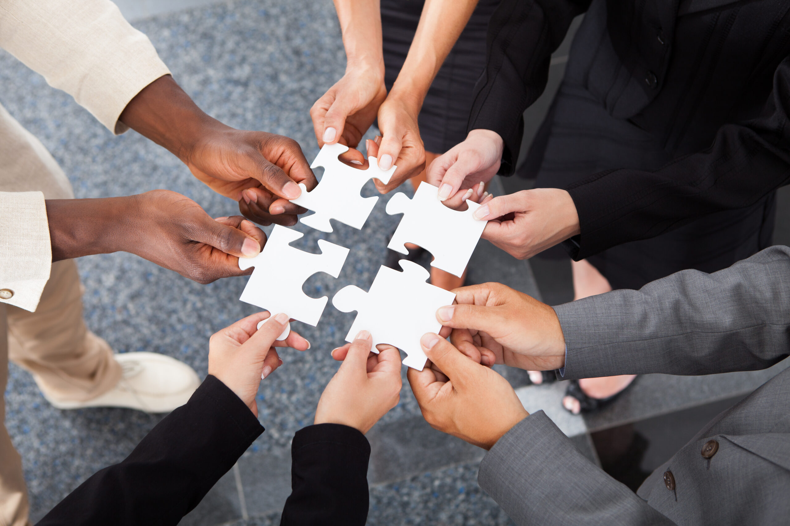 Hands of diverse individuals hold white puzzle pieces